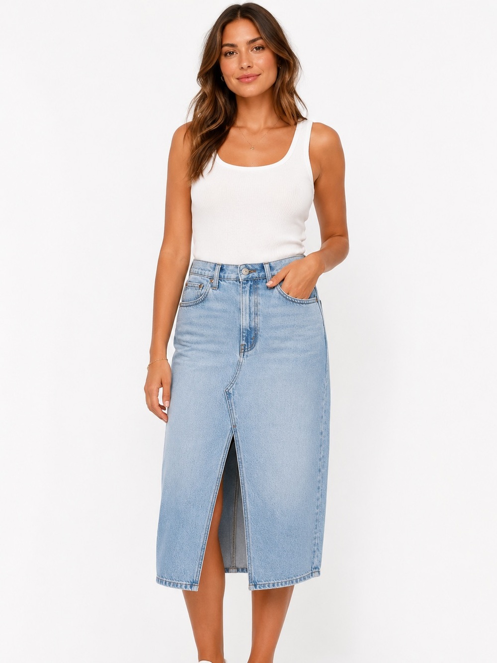 Womens Abercrombie & Fitch Denim Midi Skirt 24/00Light Wash Front Slit HI Rise